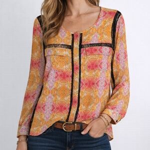 Gibson Latimer Pink and Orange Blouse with Lace Accents